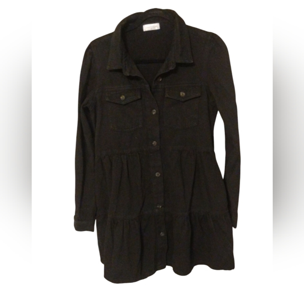 Vestique Black Denim Dress Long Sleeve Buttons SZ M ❤️